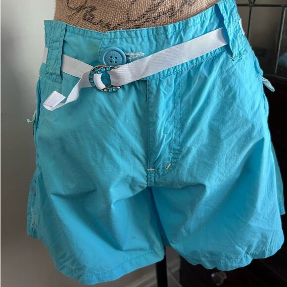 90s/Y2K Vintage Steve & Barry Turquoise Micro Shorts Size 8 Midrise Belted Boho - Picture 3 of 17